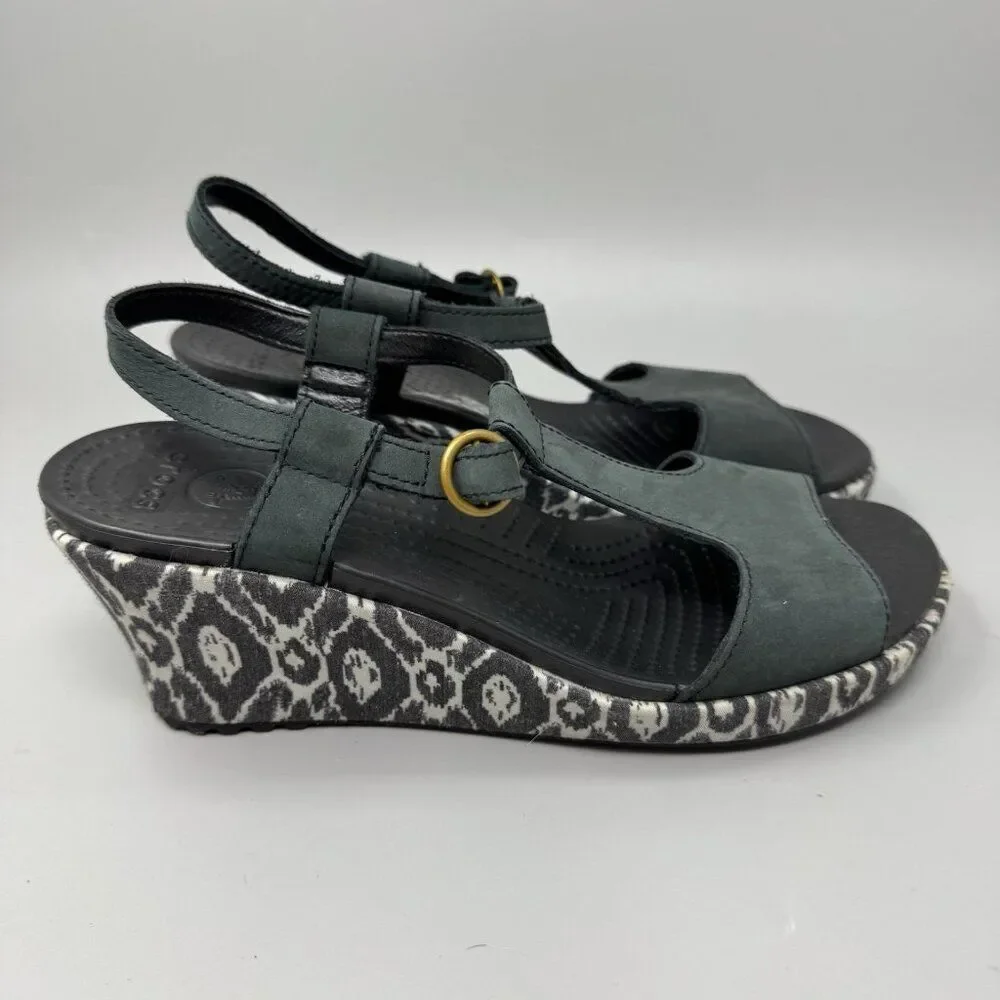 Crocs Leigh Womens Sz 8 Ikat Wedge Heel Leather Sandals Black White Ankle Strap